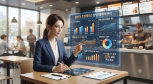 햄버거 프랜차이즈 매장에서 태블릿을 활용해 실시간 매출 현황과 식자재 로스율을 분석하는 창업 전문가의 모습